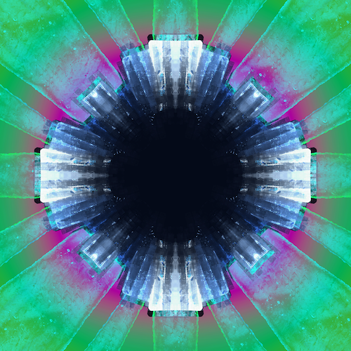 Abstract colorful image centered on a flowerlike hexagonal shape.