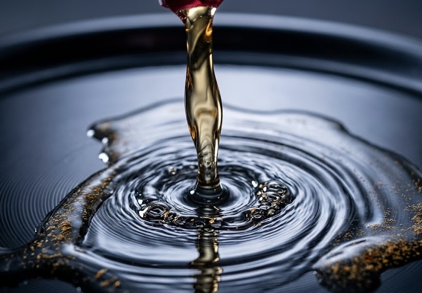 A close up image of oil pouring into still water.