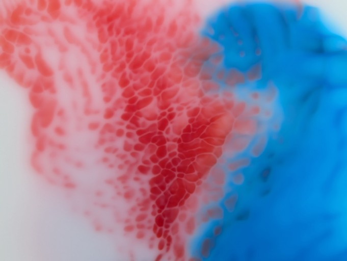 Red and blue speckled fluids