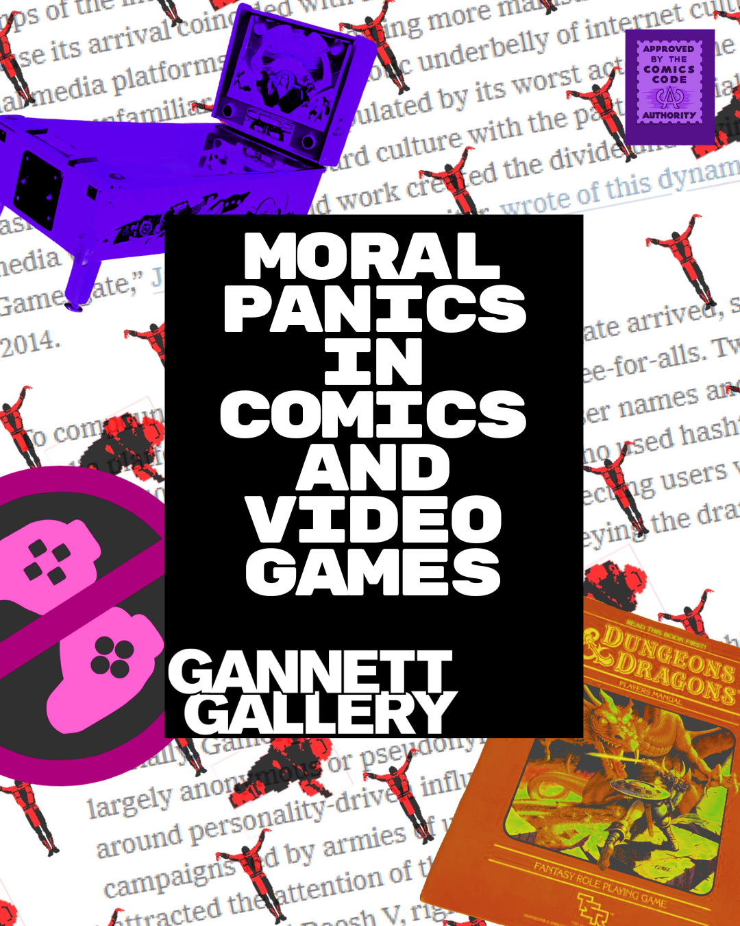 Promo image containing show title, a pinball machine, a comic's code logo, a DND booklet, and a pink controller with a circle and line through it.