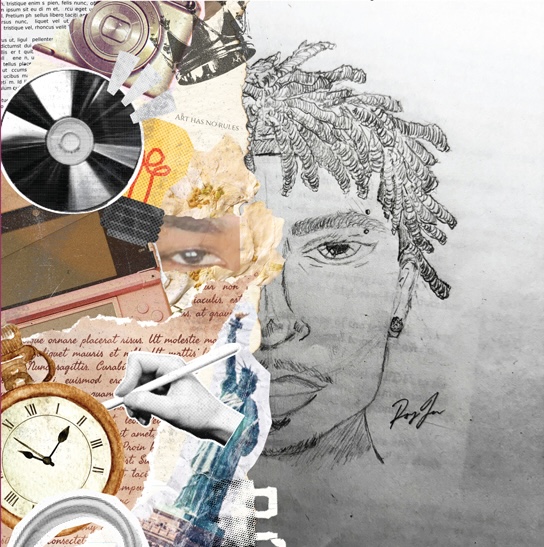 This is sample of one of the student works featured in this exhibition. It is half self-portrait and half collage.